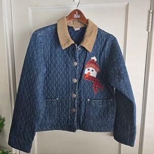 Beverlys Quilted Denim Snowman Winter Holiday Womens Jean Jacket Size Medium